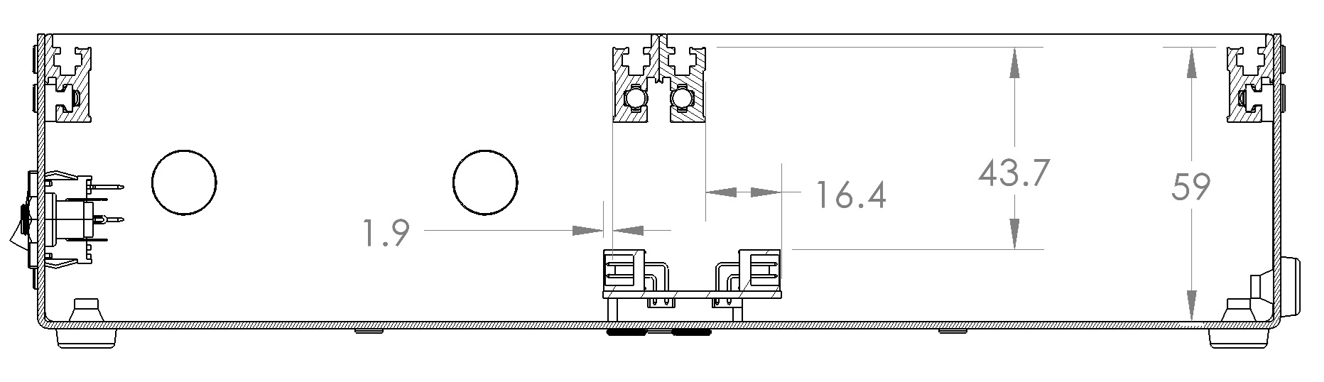 Section through the folded case, busboard offset: one row with full 59 mm depth, 43.7 mm clearance over the busboard, overlap 1.9 and 16.4 mm