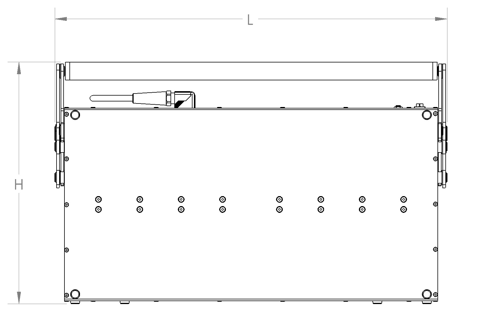 Folded case, front view, dimensions L and H